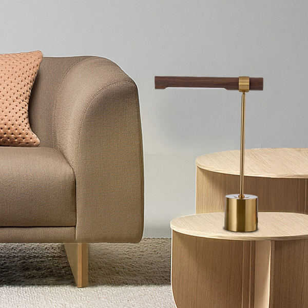 Bedside table lamp with walnut wood and metal base in modern design