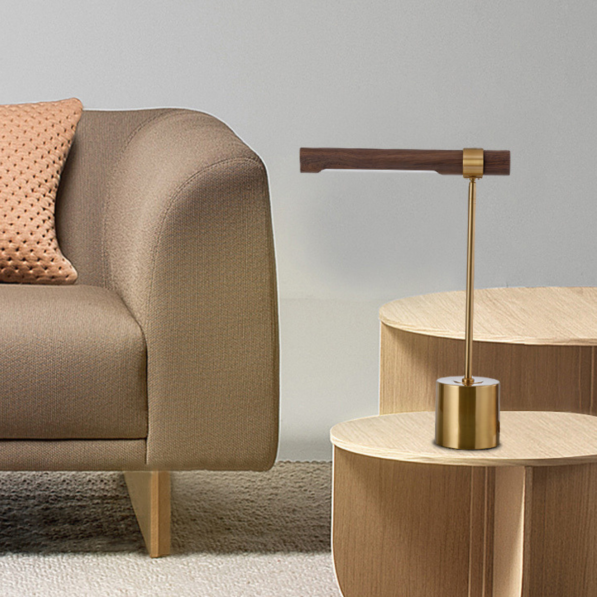 Bedside table lamp with walnut wood and metal base in modern design