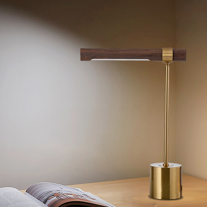 Modern bedside table lamp with walnut wood frame and metal base