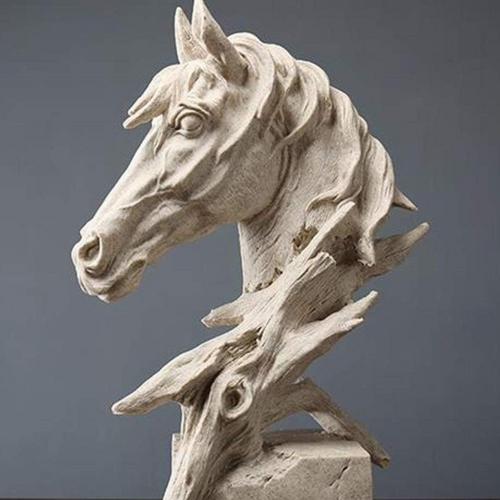 Detailed view of white resin horse head sculpture with fine features
