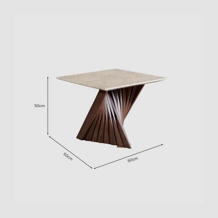 Cadence side table with solid wood base and dimensions shown, custom-made for modern interior spaces