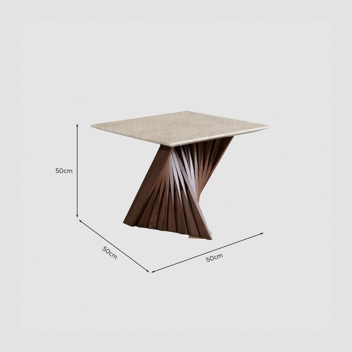 Cadence side table with solid wood base and dimensions shown, custom-made for modern interior spaces