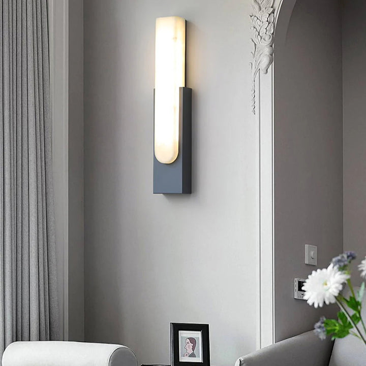 Elegant living room view with Agatha alabaster wall lamp modern lighting
