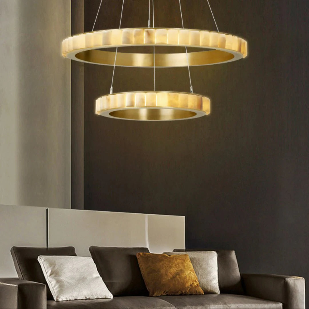 Alabaster Avalon Halo chandelier showcasing luxury modern lighting for elegant home interiors
