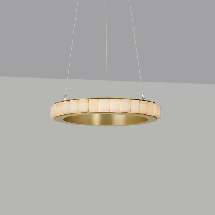 Alabaster Avalon Halo chandelier front hanging view showcasing luxury modern lighting for elegant interiors