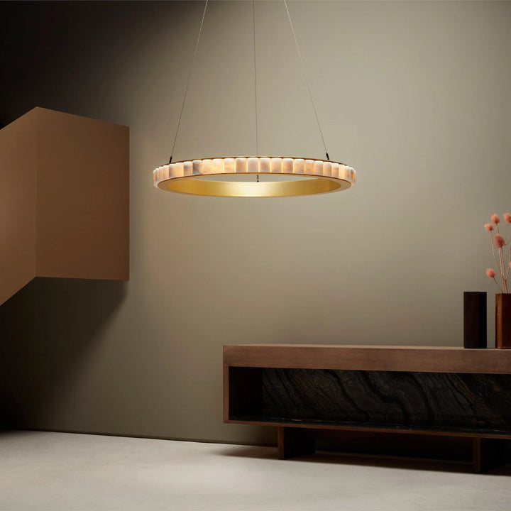 Alabaster Avalon Halo chandelier in living room view showcasing luxury modern lighting for elegant interiors