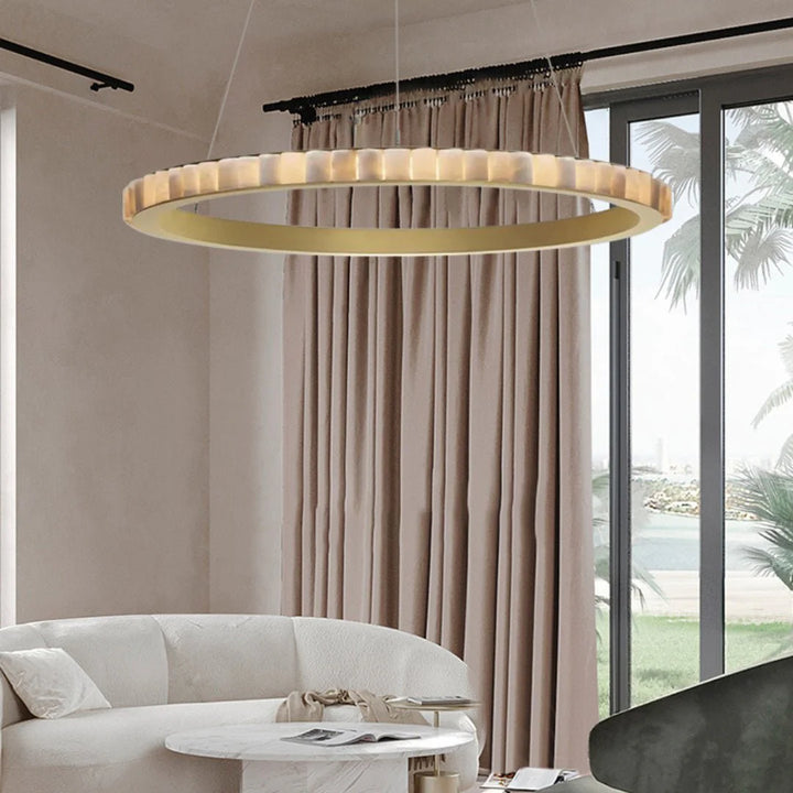 Alabaster Avalon Halo chandelier in luxury living room view showcasing modern elegant lighting for stylish interiors