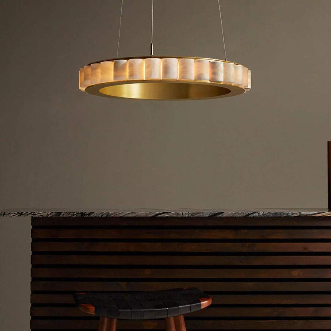 Alabaster Avalon Halo chandelier front view showcasing luxury modern lighting for elegant home interiors