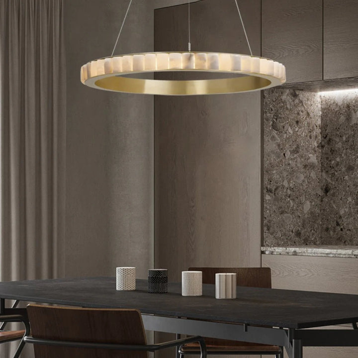 Alabaster Avalon Halo chandelier in dining room view showcasing luxury modern lighting for elegant interiors