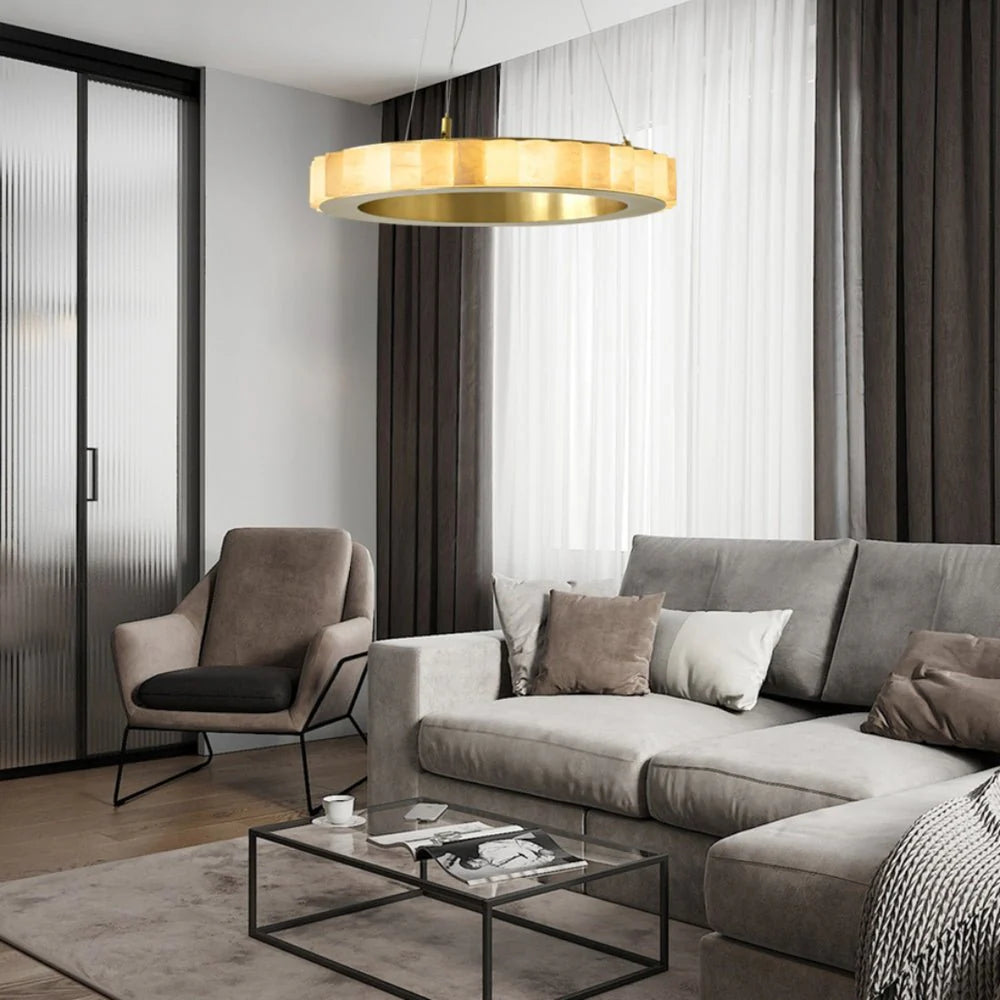 Alabaster Avalon Halo chandelier in living room view highlighting luxury modern lighting for elegant home interiors