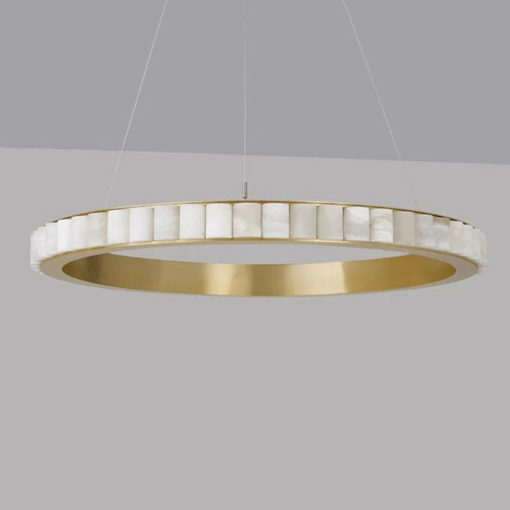 Alabaster Avalon Halo chandelier hanging front view showcasing luxury modern lighting for elegant home interiors
