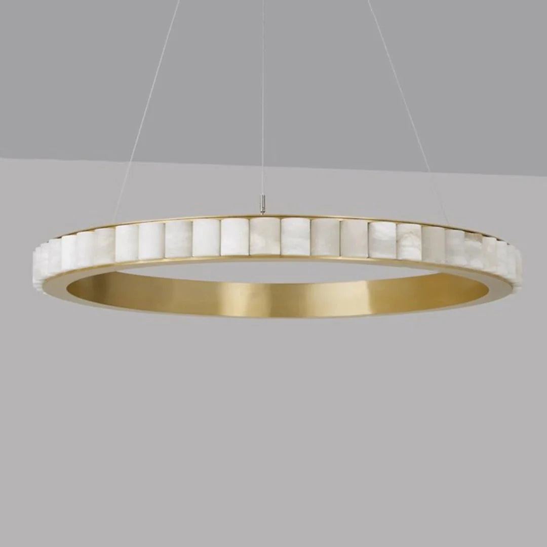 Alabaster Avalon Halo chandelier hanging front view showcasing luxury modern lighting for elegant home interiors