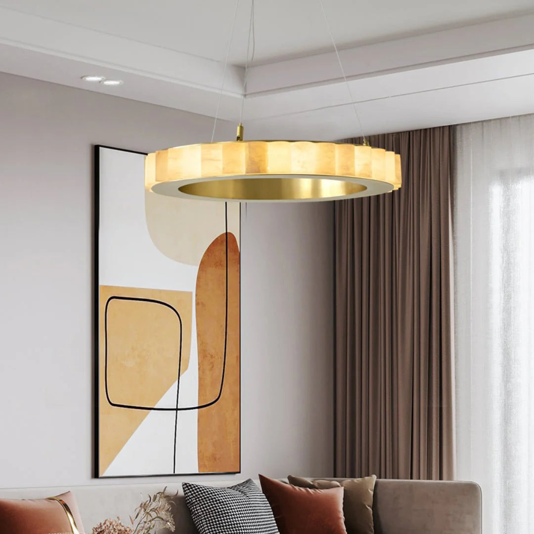 Alabaster Avalon Halo chandelier in living room view highlighting luxury modern lighting for elegant home interiors