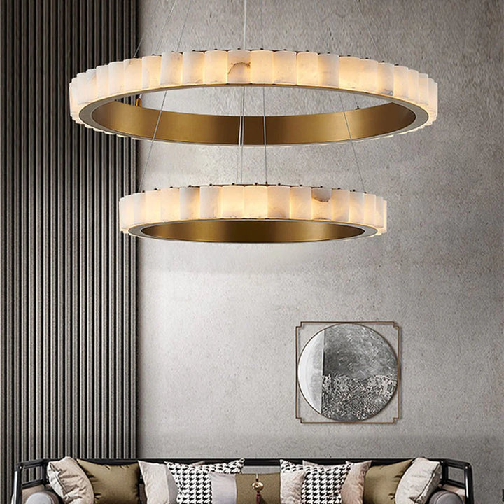 Alabaster Avalon Halo chandelier living room front view showcasing luxury modern lighting for elegant interiors
