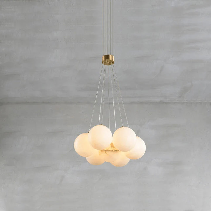 Front view of alabaster balls chandelier modern ceiling light featuring 07 marble-style globes