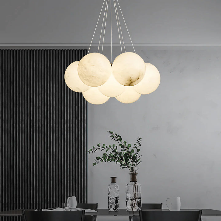 Alabaster balls chandelier modern ceiling light with 7 marble-style globes in dining room view