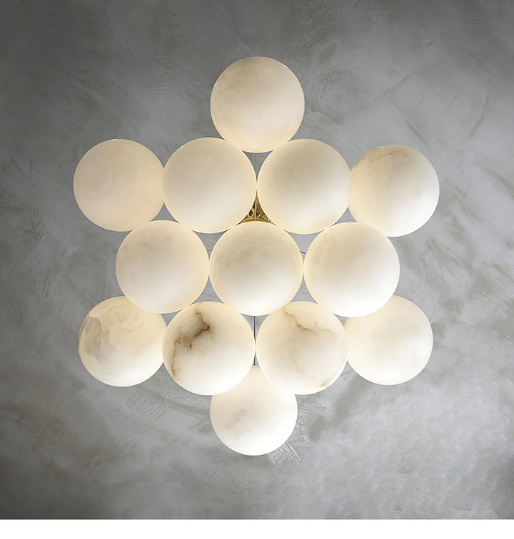 Below view of alabaster balls chandelier modern ceiling light featuring 13 marble-style globes