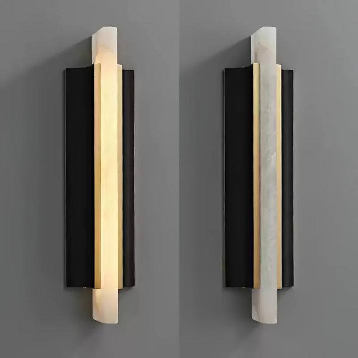  Alabaster Blade wall sconce modern lighting showing two views: light on and off for contemporary interiors