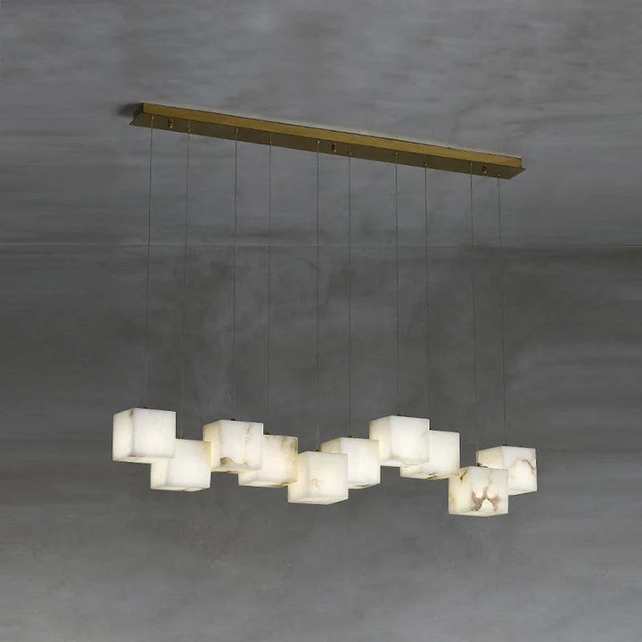 Alabaster box chandelier lighting with a golden finish ceiling plate and 10 square marble lights, exuding elegance.