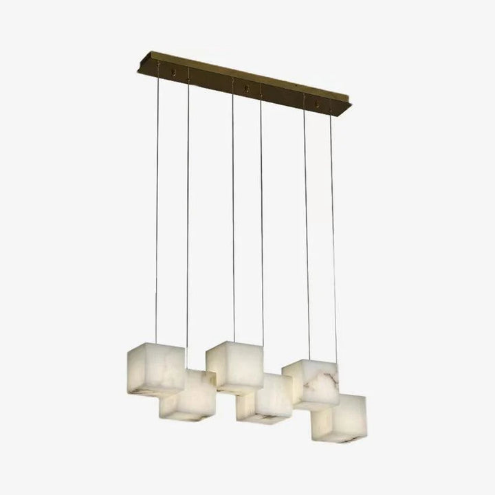 Front view of alabaster box chandelier lighting, featuring its stylish design with marble square details