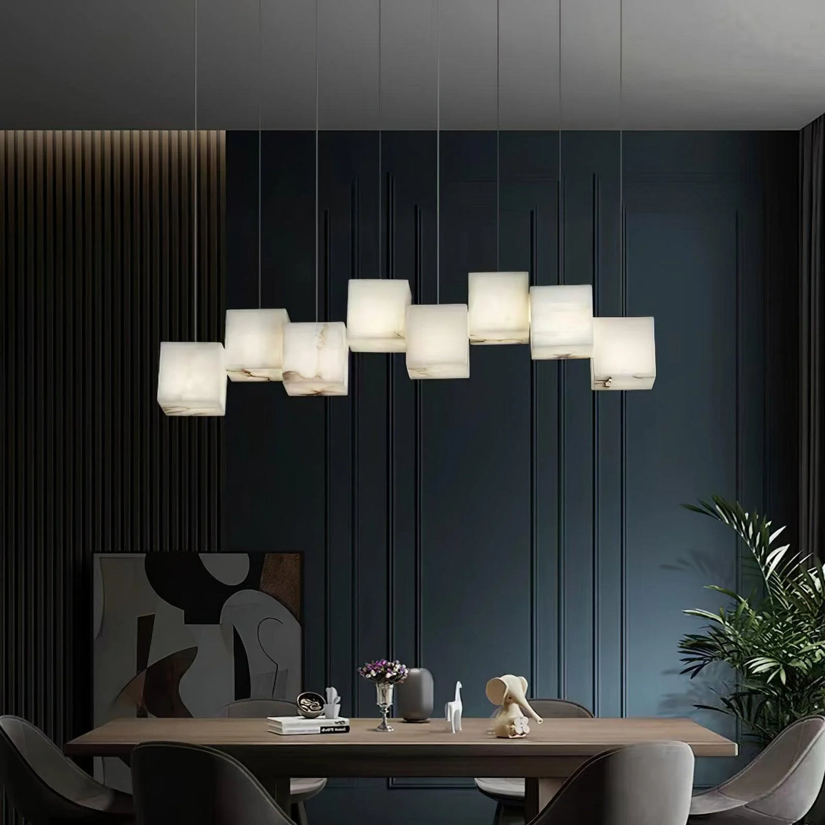 Alabaster box chandelier lighting in dining view, illuminating the space with elegance and a soft glow.