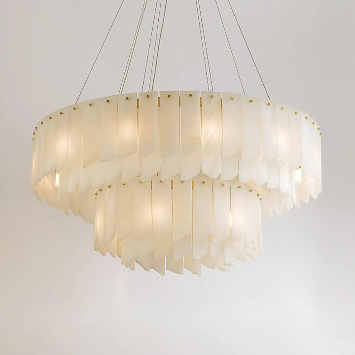 Alabaster cascade tiered chandelier lighting with two layers shown from elegant front view in modern interior