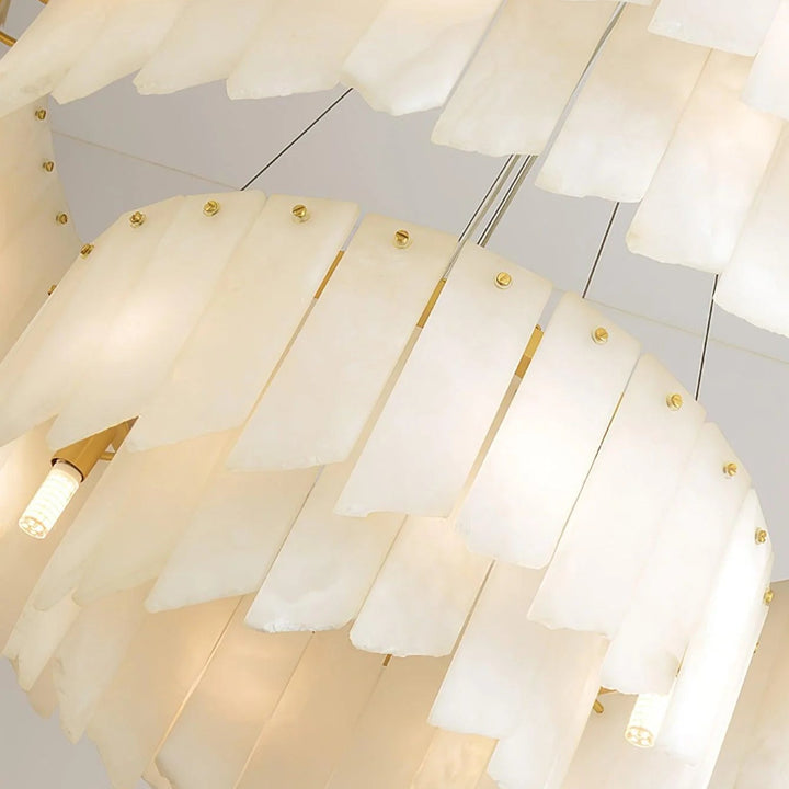 Alabaster cascade tiered chandelier lighting, round design, close-up view highlighting elegant details
