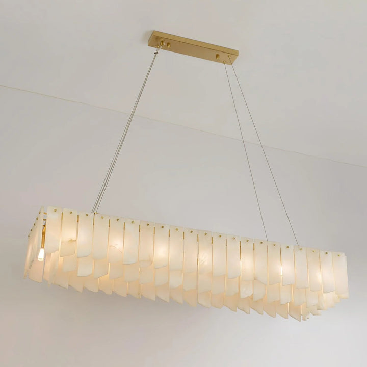 Alabaster cascade tiered chandelier lighting in linear design, showcased from elegant view in modern interior