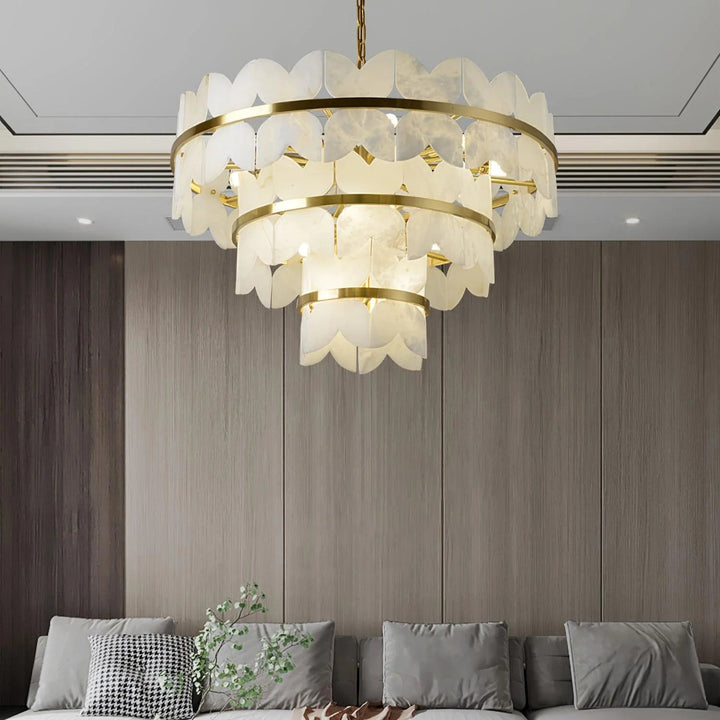 Three-layer Alabaster Cloudscape chandelier hanging view in living room interior