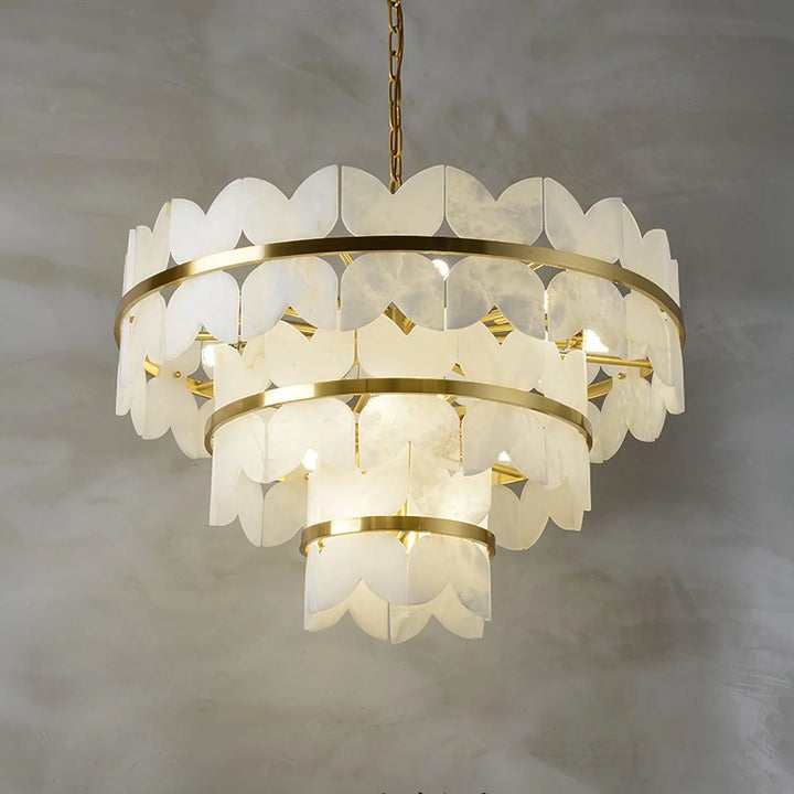 Three-layer Alabaster Cloudscape chandelier hanging view in modern interior