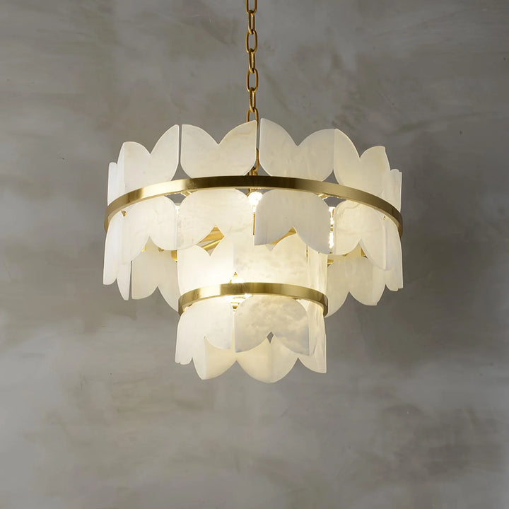 Front view of two-layer Alabaster Cloudscape chandelier in modern interior