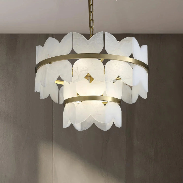 Front view of Alabaster Cloudscape chandelier in modern interior setting