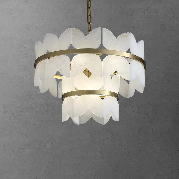 Front view of two-layer Alabaster Cloudscape chandelier in modern interior