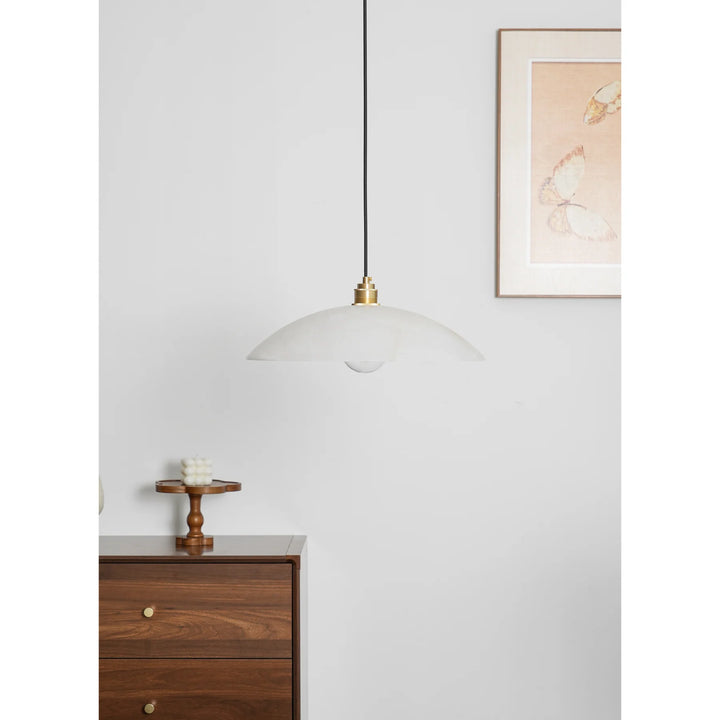 Alabaster dome pendant lamp front view, modern lighting decor for elegant home interiors
