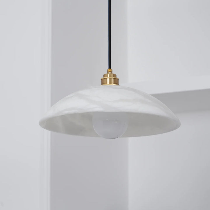 Alabaster dome pendant lamp front view, contemporary lighting decor for stylish home interiors