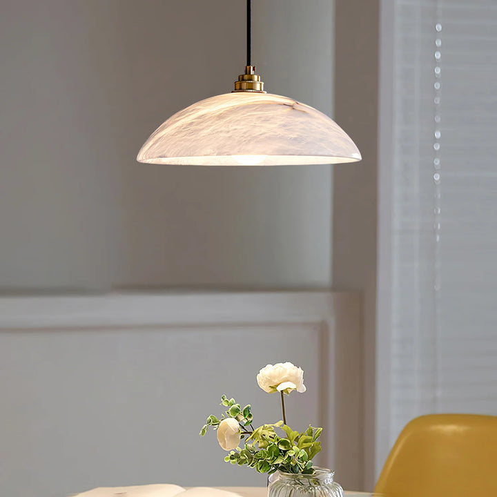 Alabaster dome swag pendant lamp, living room front view, stylish lighting and decor
