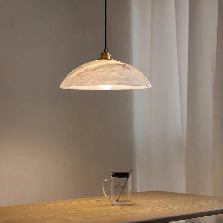 Alabaster dome swag pendant lamp lighting hanging above dining table for modern décor