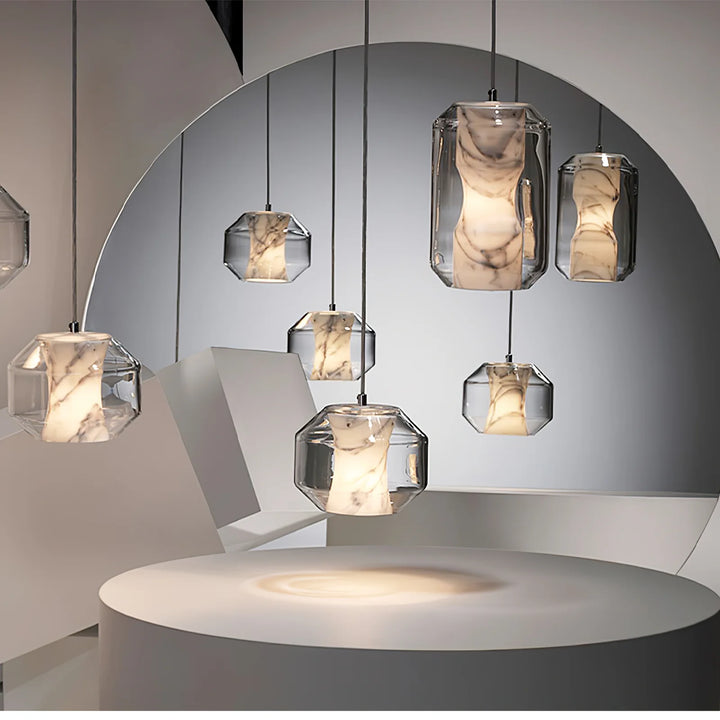 Alabaster glass cylinder pendant light, modern design, hanging view, 2 variants