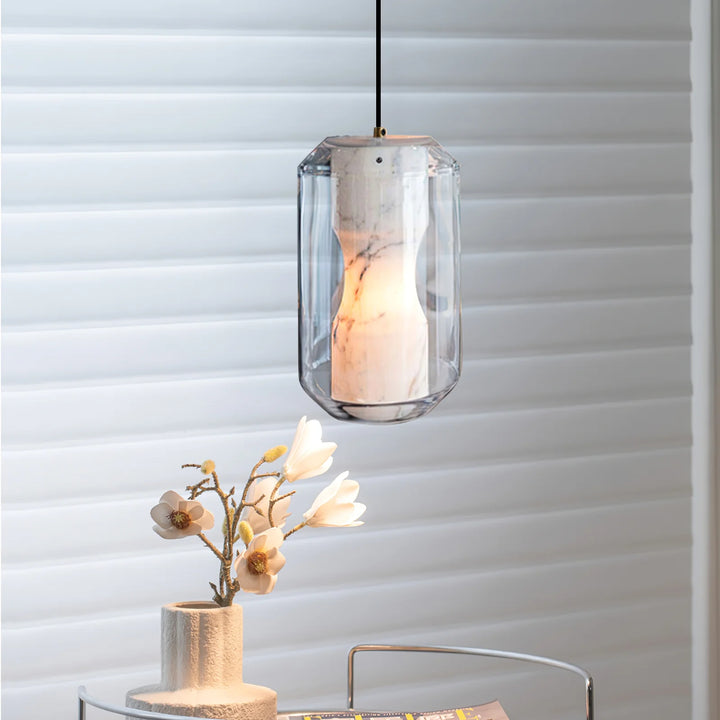 Alabaster glass cylinder pendant light, modern design, oval front view