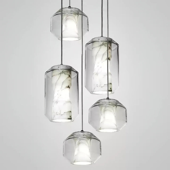Alabaster glass cylinder pendant light, modern design, two variants, hanging view