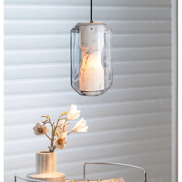 Alabaster glass cylinder pendant light, modern design, hanging view
