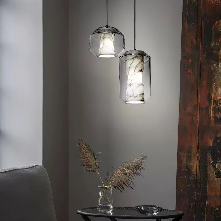 Alabaster glass cylinder pendant light, modern design, hanging front view