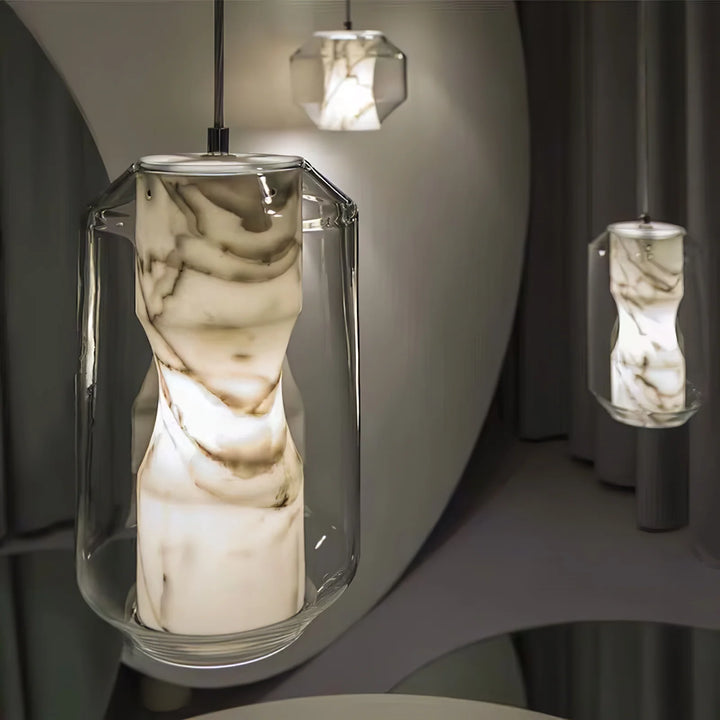 Alabaster glass cylinder pendant light, modern design, hanging view