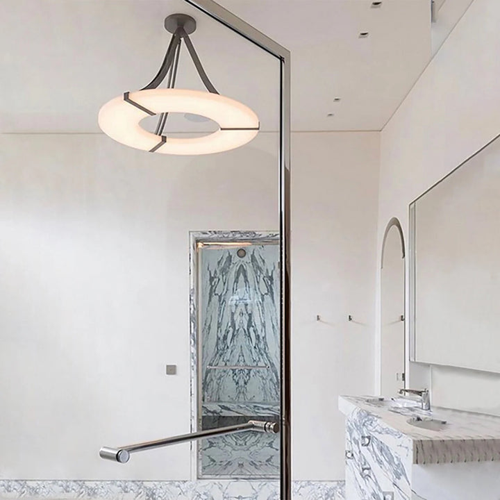 Alabaster Halo luxury pendant light bathroom front view showcasing elegant design and soft ambient lighting
