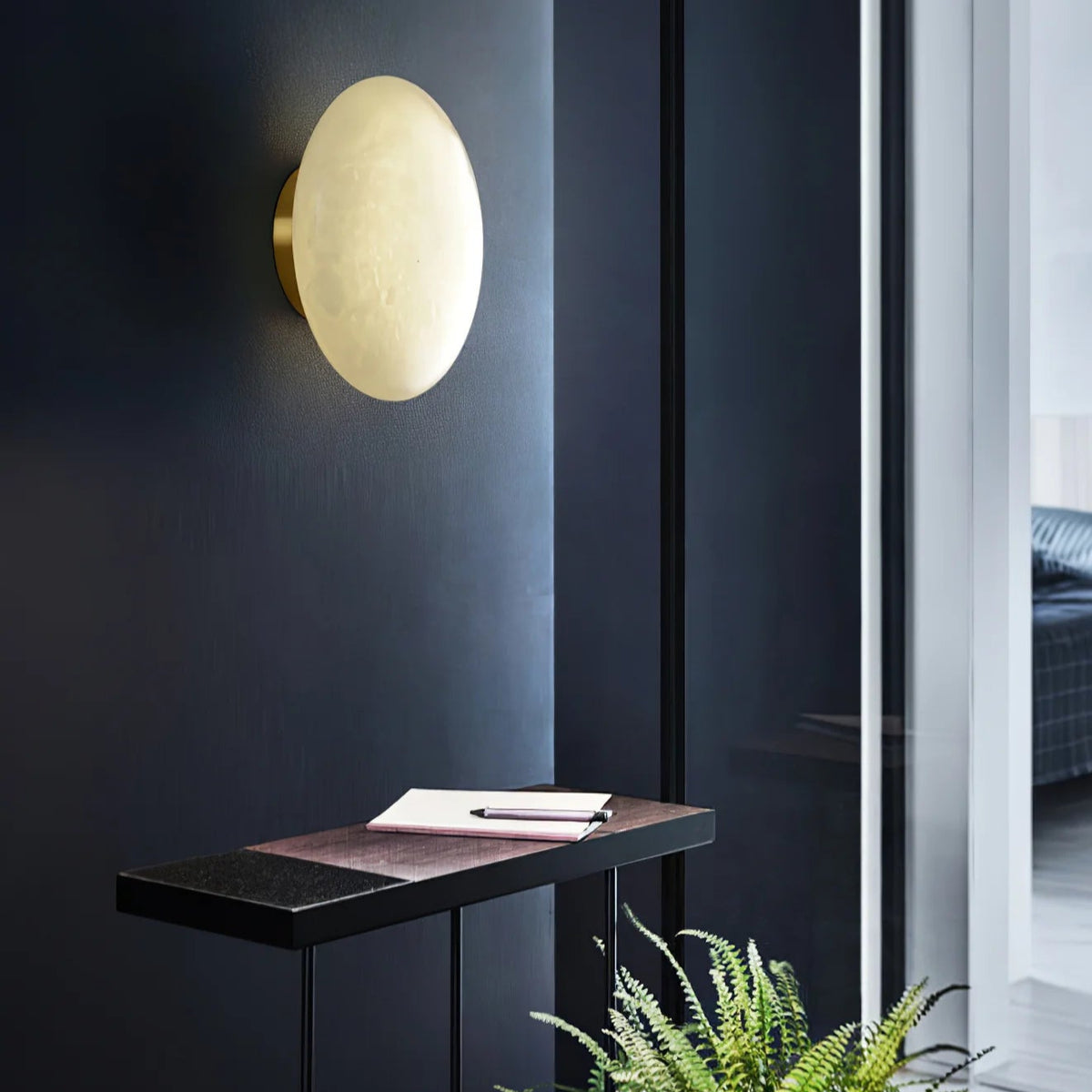 Alabaster luxury oval ceiling lamp side wall view highlighting elegant design and soft ambient illumination