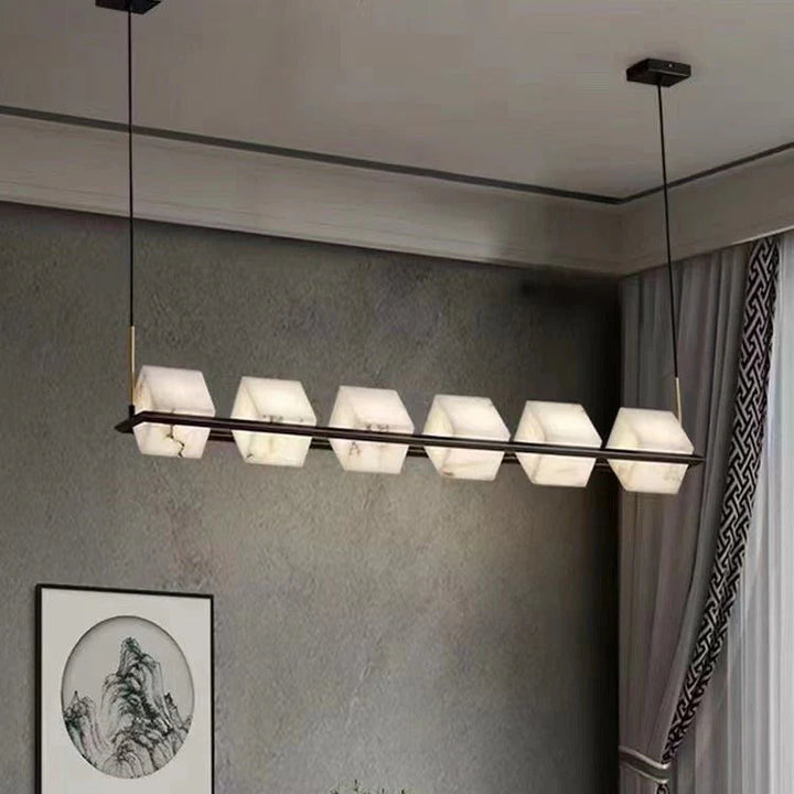 Close-up view of alabaster marble square box chandelier, modern elegant ceiling lighting fixture