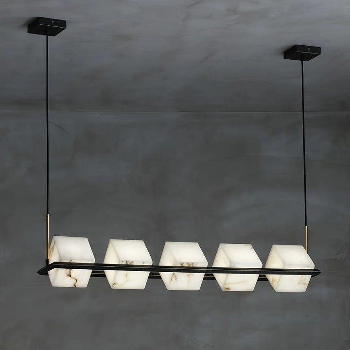Front view of alabaster marble square box chandelier, modern elegant ceiling fixture for home décor