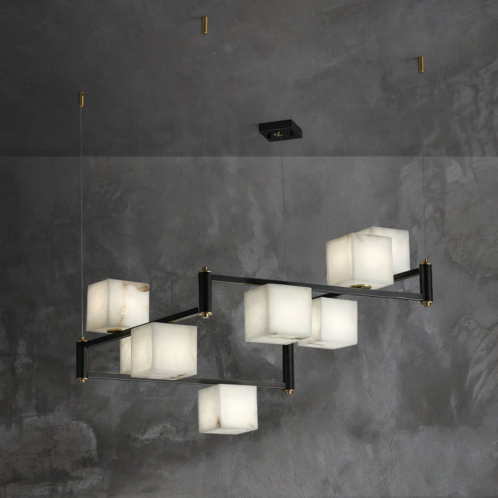 Front view of alabaster marble 08 square box chandelier, modern elegant ceiling fixture for décor"