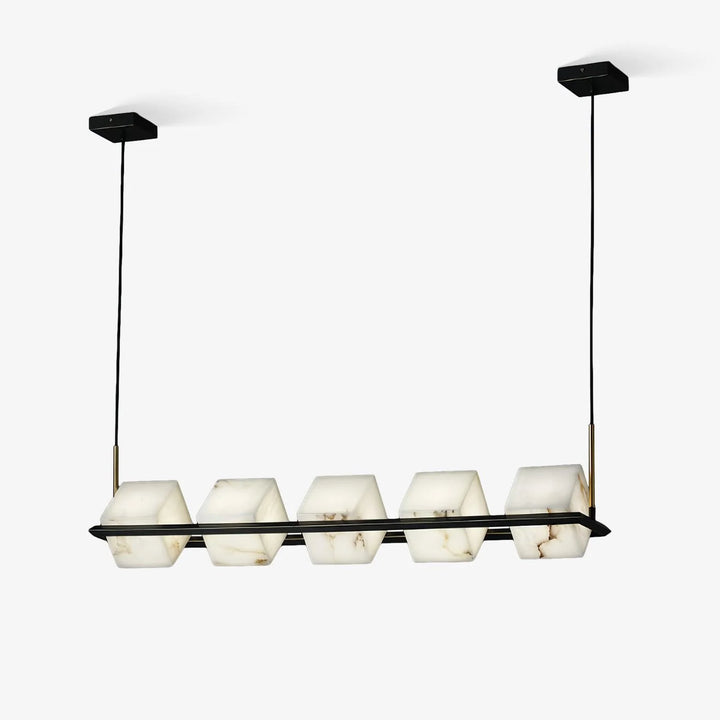 Front view of alabaster marble 5-square box chandelier, modern elegant ceiling fixture for home décor