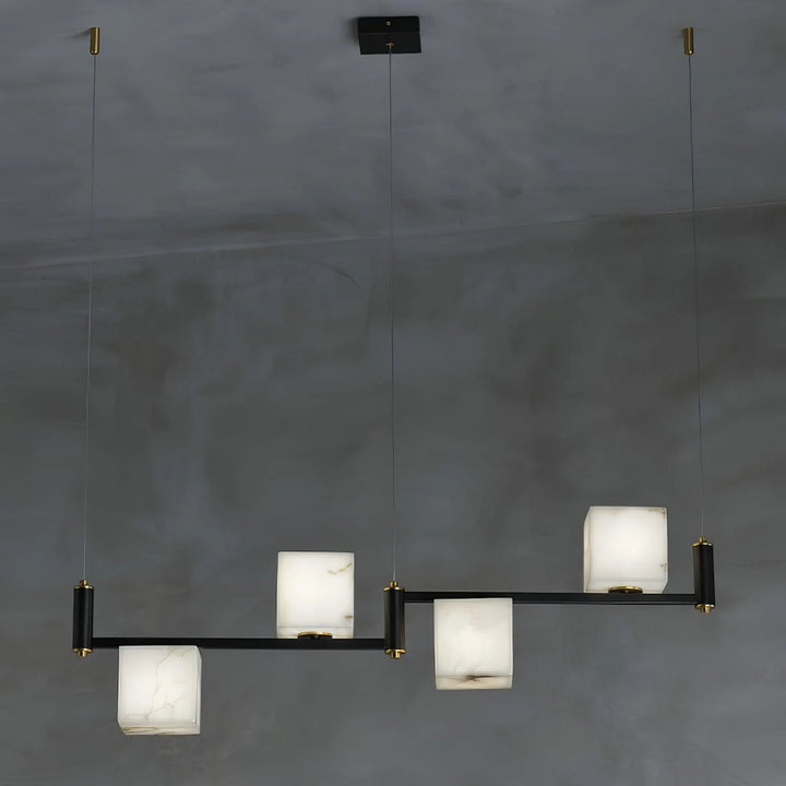 Front view of alabaster marble 4-square box chandelier, modern elegant ceiling fixture for home décor